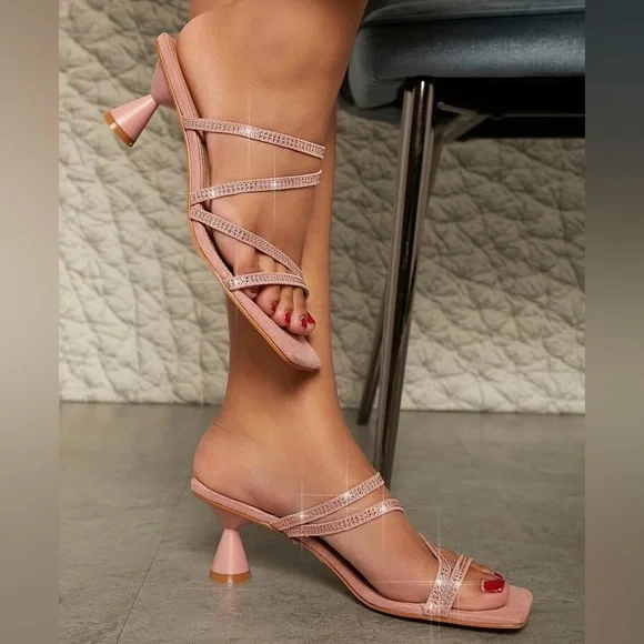 Strapped Rhinestone Open Back Low Flare Heels - Picture 3 of 4